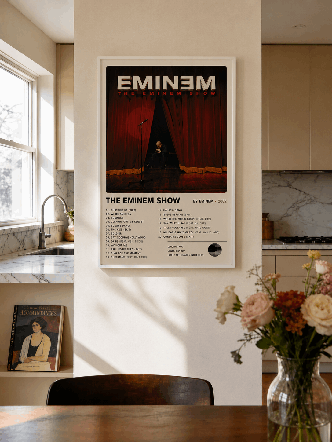 Framed rap music wall print with white border on wall, curtain stage artwork and text