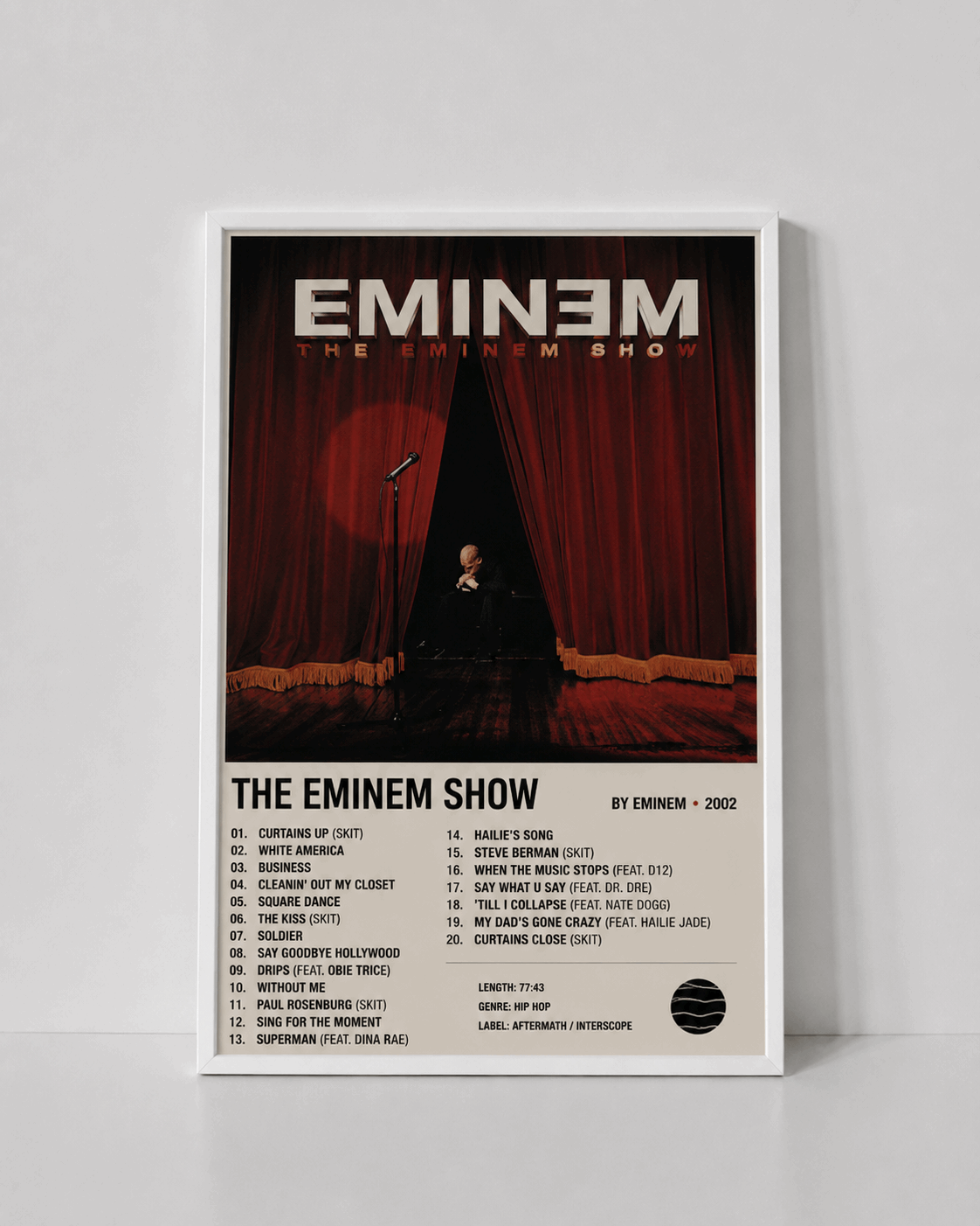 White-framed rap music wall print with Eminem “The Eminem Show” tracklist