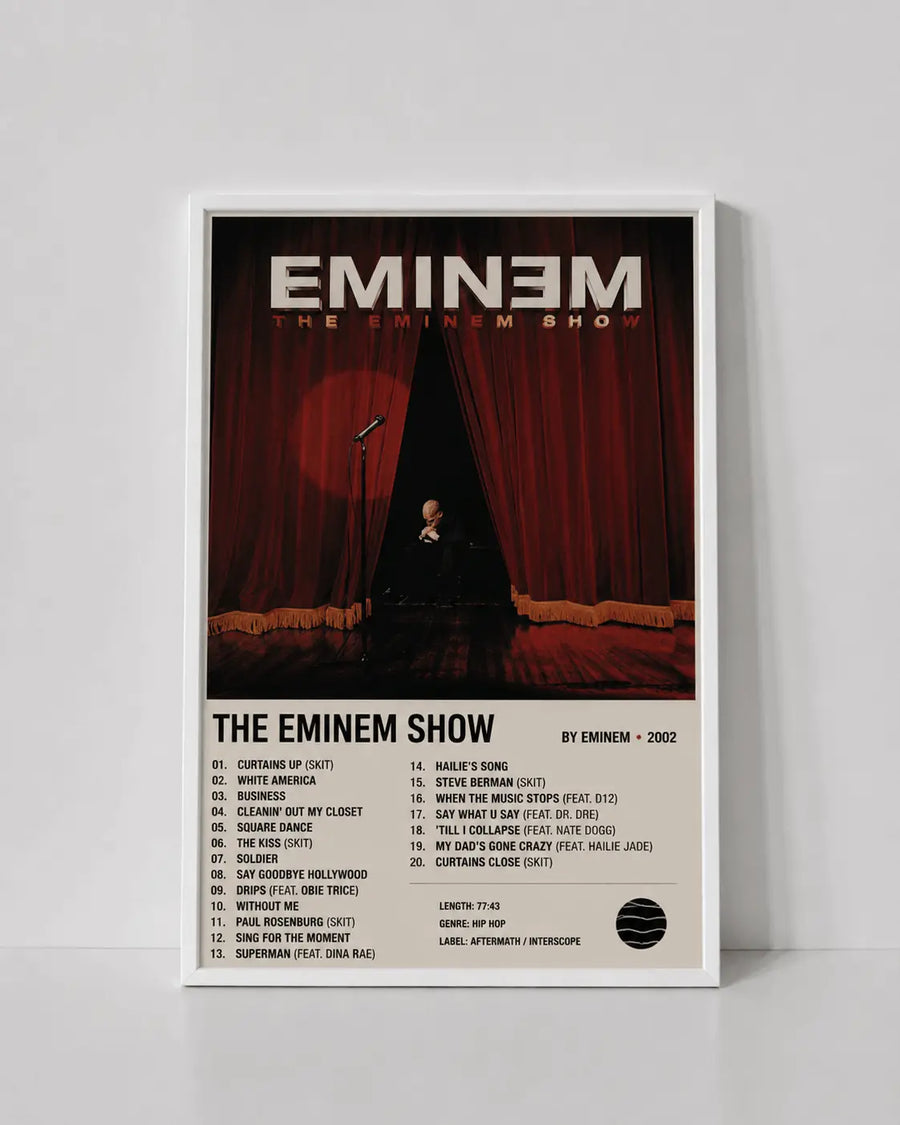 Framed rap music wall print with white border, curtain stage artwork and song list