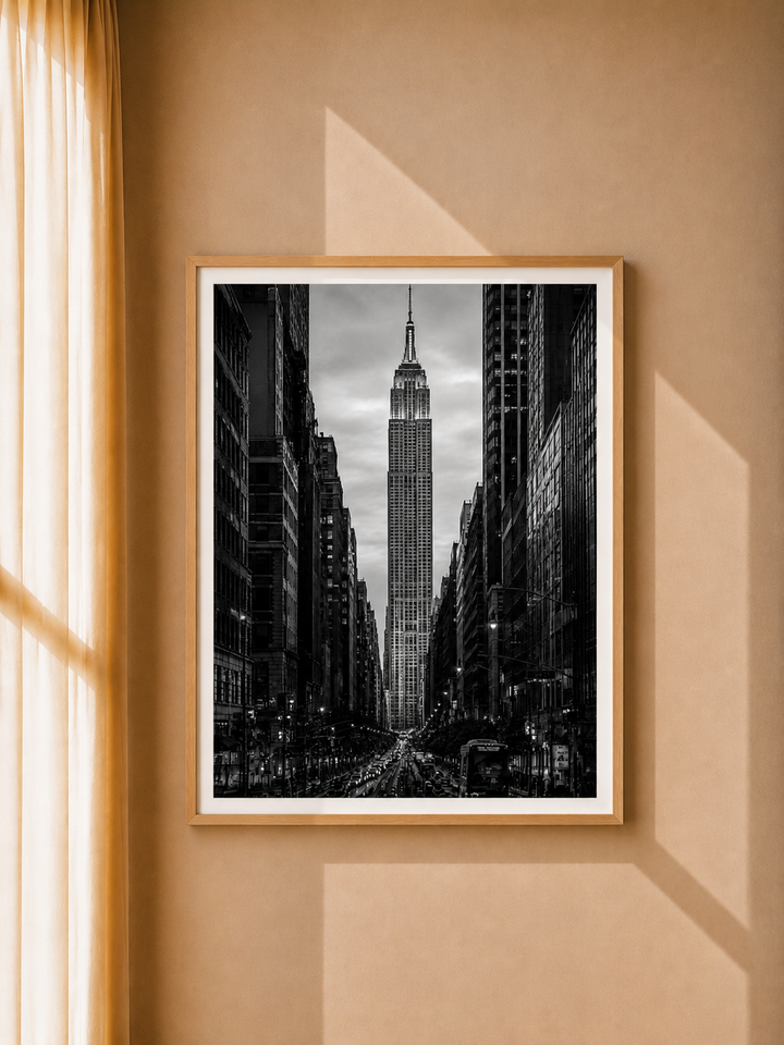 New York Street Photography Art Print featuring a dramatic Manhattan street perspective and towering buildings
