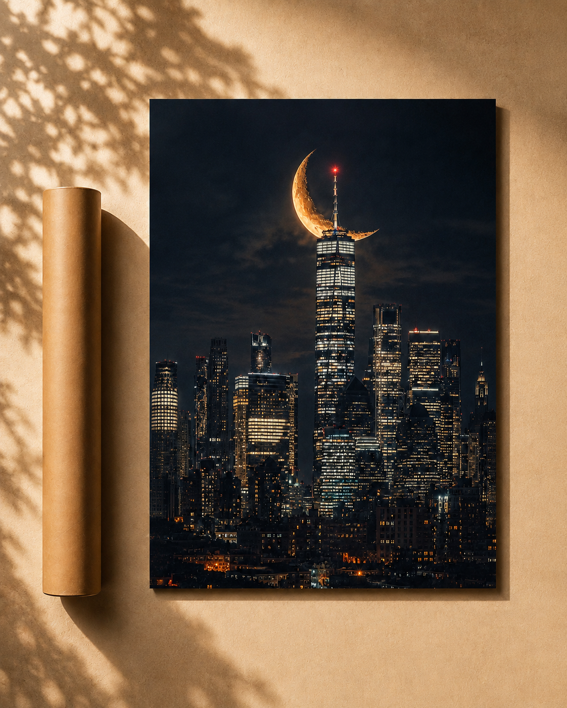 Unframed city skyline print with golden crescent moon above skyscrapers