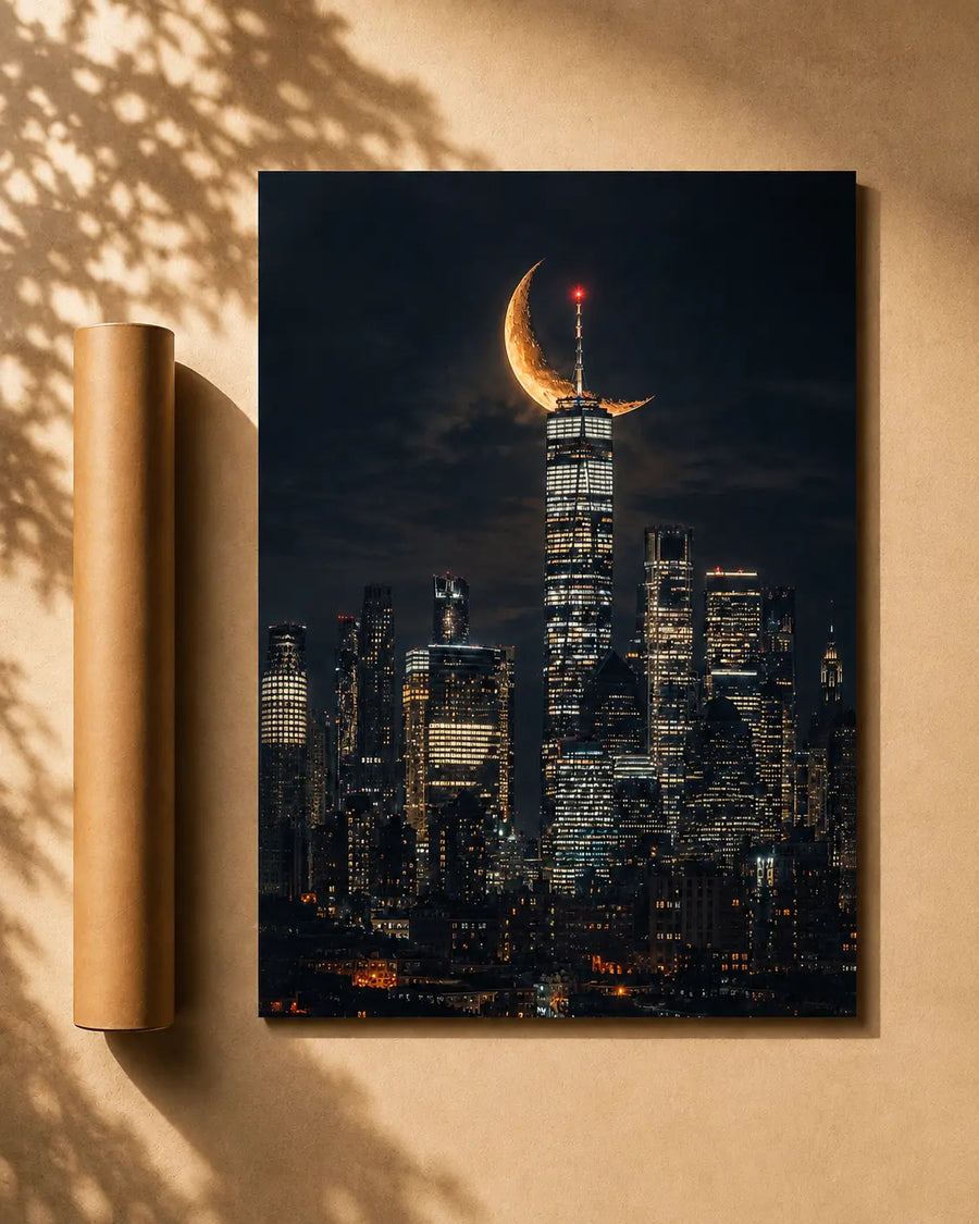 Unframed city skyline print with golden crescent moon above skyscrapers
