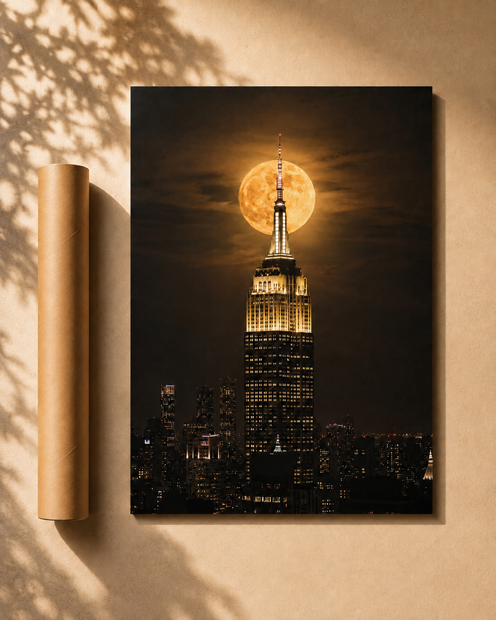 Empire State Building Moon Print features the landscape of the city with the premium matte poster