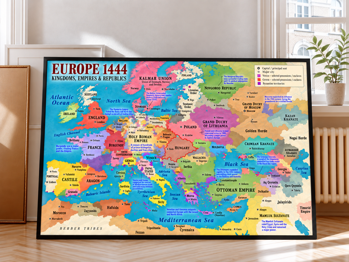 Medieval Europe Map 1444 Wall Art finished in a premium black frame, showcasing colorful political borders, historic cities and major European powers of the period.