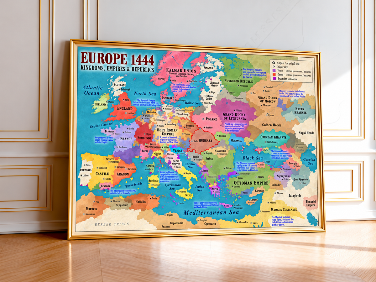 Medieval Europe Map 1444 Wall Art displayed in a natural oak frame, featuring detailed kingdoms, empires and republics across 15th century Europe.