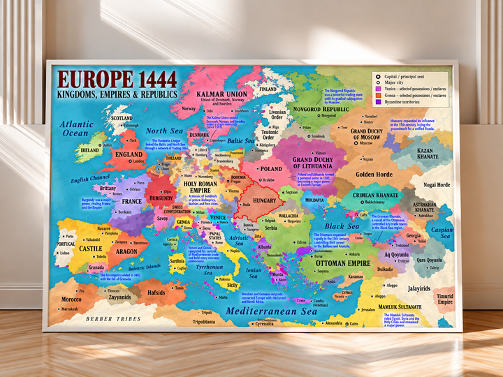 Medieval Europe Map 1444 Wall Art presented with a clean white frame, highlighting England, France, the Holy Roman Empire, Poland and surrounding medieval territories.