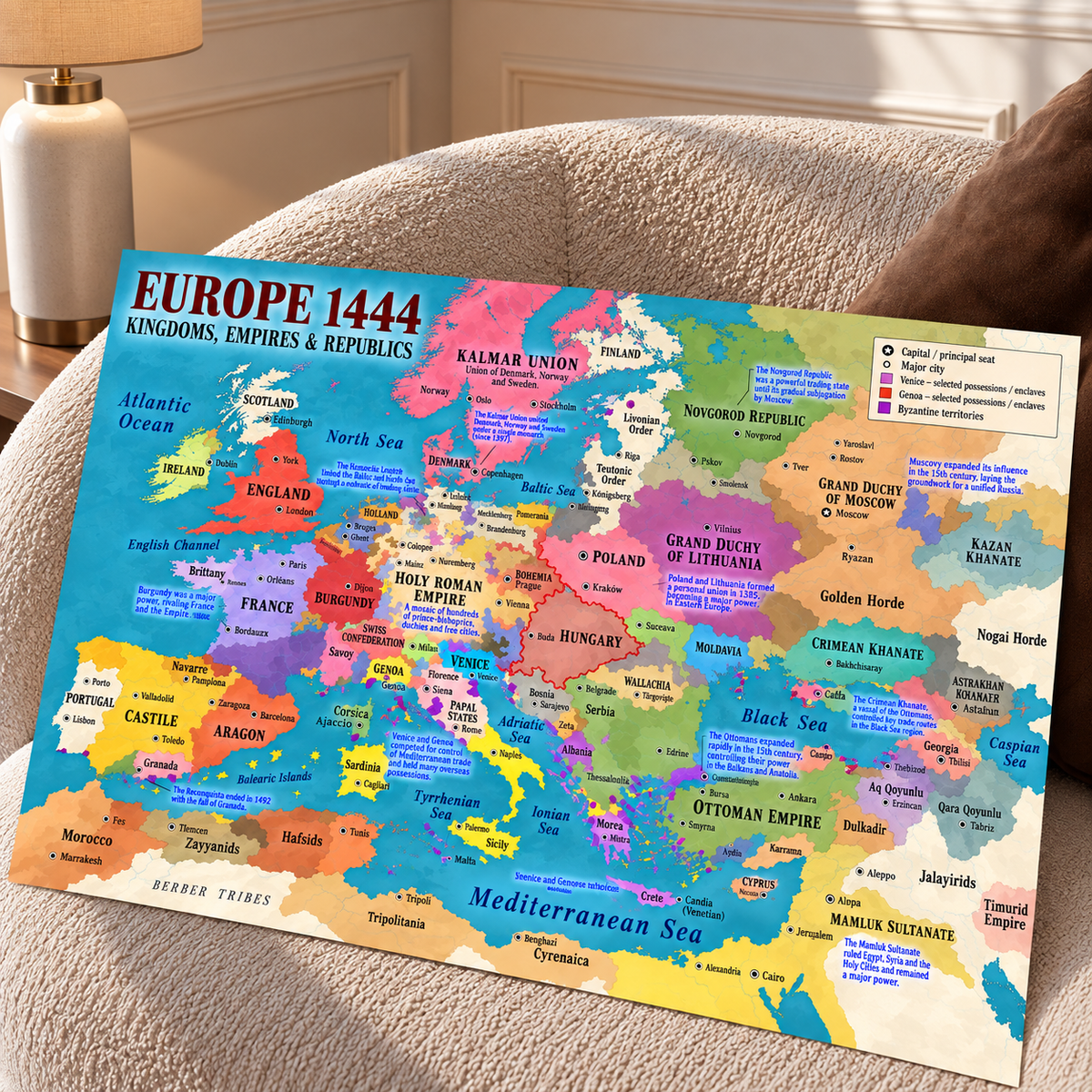Medieval Europe Map 1444 Wall Art museum quality poster illustrating the political geography of Europe with labeled kingdoms, republics and regional states.