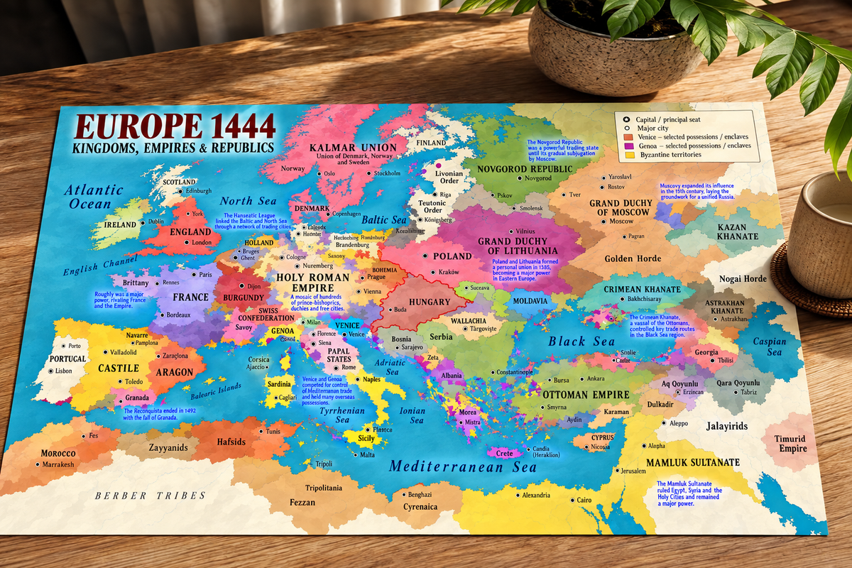 Medieval Europe Map 1444 Wall Art featuring the Holy Roman Empire, Ottoman Empire, England, France, Poland and other significant powers in detailed cartographic style.