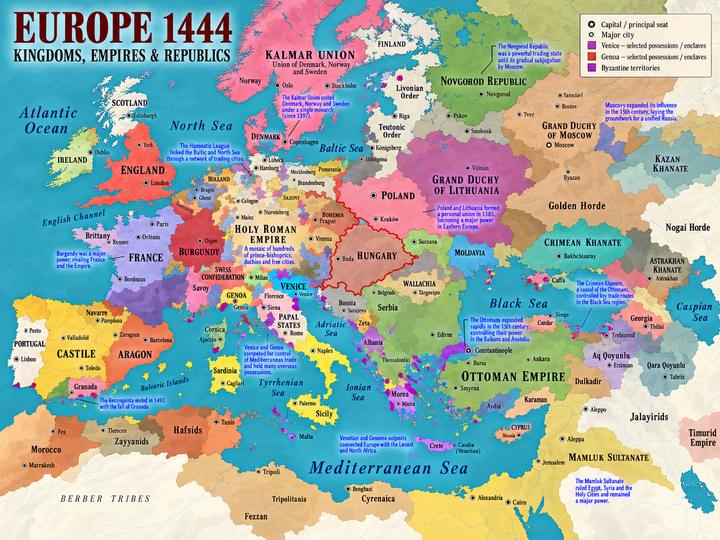 Medieval Europe Map 1444 Wall Art historical print combining vibrant territorial divisions, medieval cities and political boundaries across Europe and the Mediterranean.