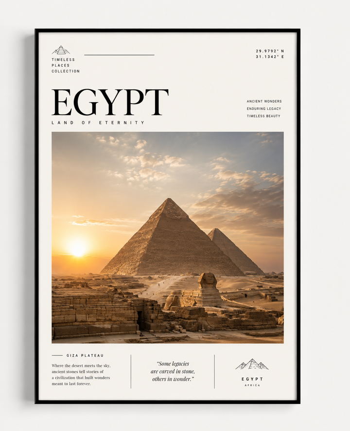 Patagonia Travel Print framed wall art with black border, EGYPT pyramids at sunset