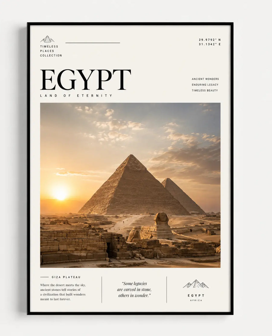 Patagonia Travel Print framed wall art with black border, EGYPT pyramids at sunset