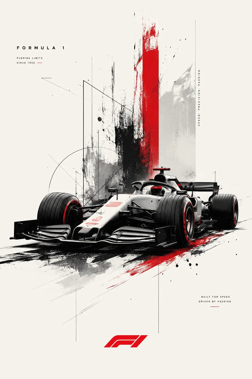 F1 racing wall poster print featuring an abstract Formula 1 car, red and black