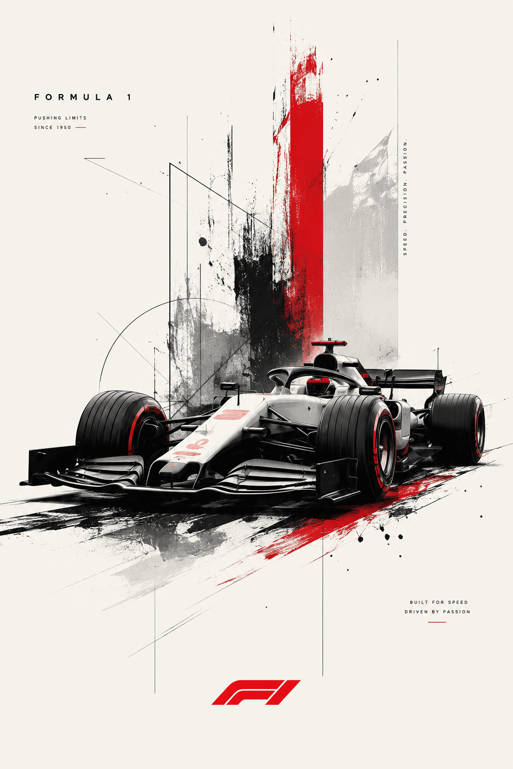 F1 racing wall poster print featuring an abstract Formula 1 car, red and black