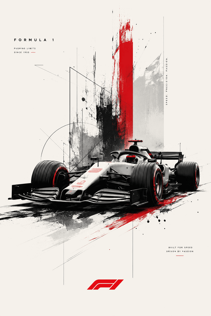 F1 racing wall poster print featuring an abstract Formula 1 car, red and black