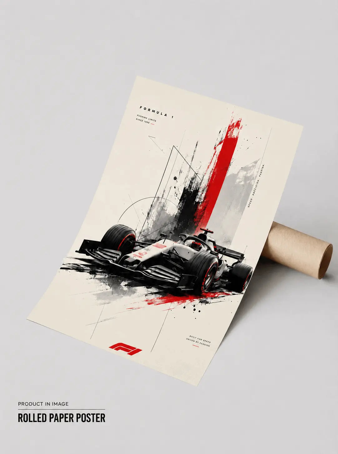 Rolled F1 racing wall poster, abstract Formula 1 car in red and black
