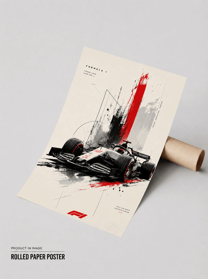 Rolled F1 racing wall poster, abstract Formula 1 car in red and black