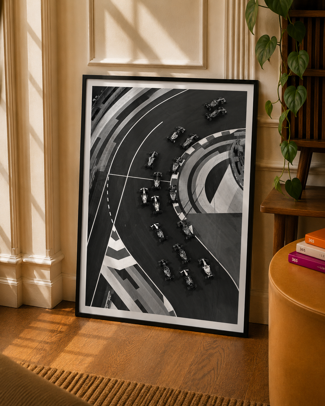 F1 Circuit Art Print displayed in a slim black frame within a warm contemporary interior
