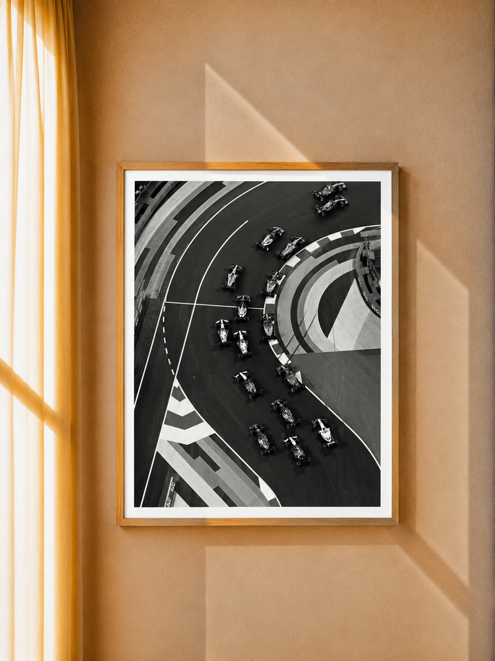 F1 Circuit Art Print capturing an overhead motorsport scene with dramatic curves and racing lines