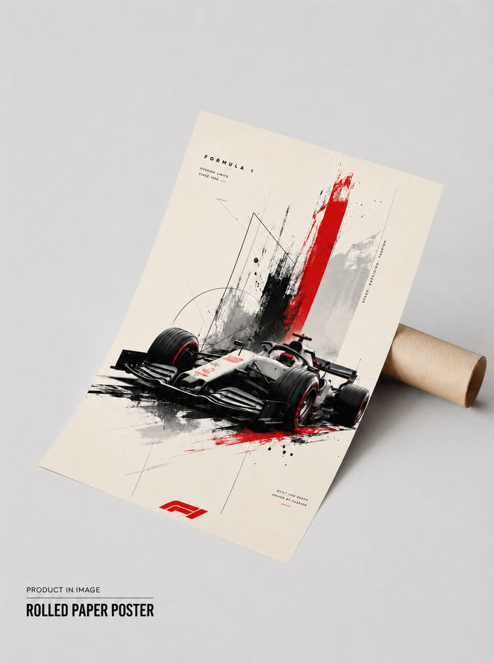 Rolled F1 racing wall poster with black, red and white Formula 1 car artwork