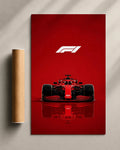 Formula 1 poster print in red with white F1 logo and front-view race car