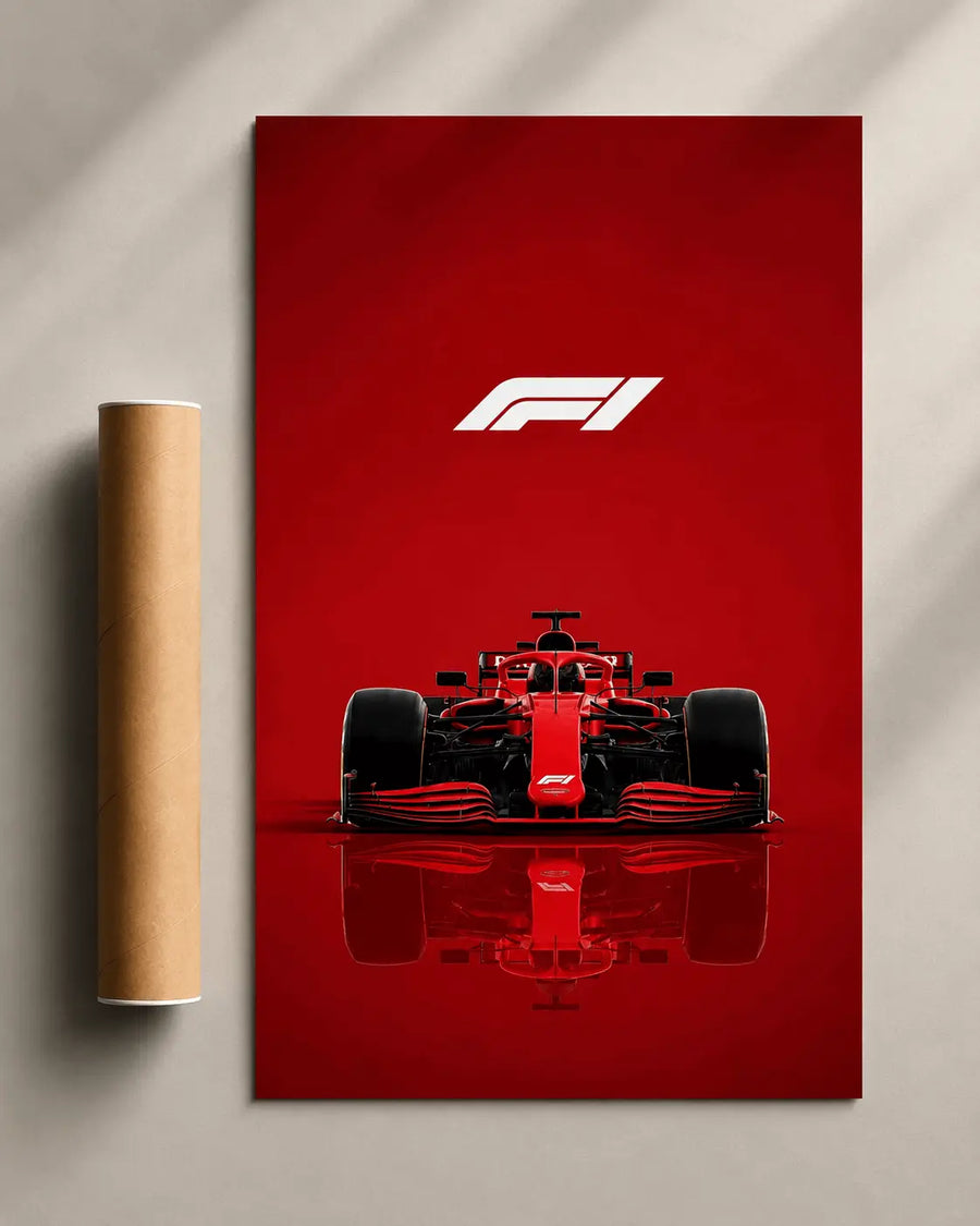 Formula 1 poster print in red with white F1 logo and front-view race car