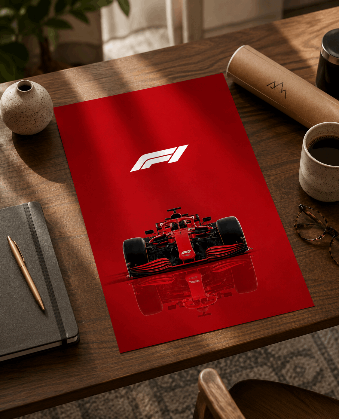 Angled Formula 1 poster print in red with white F1 logo and front-view race car