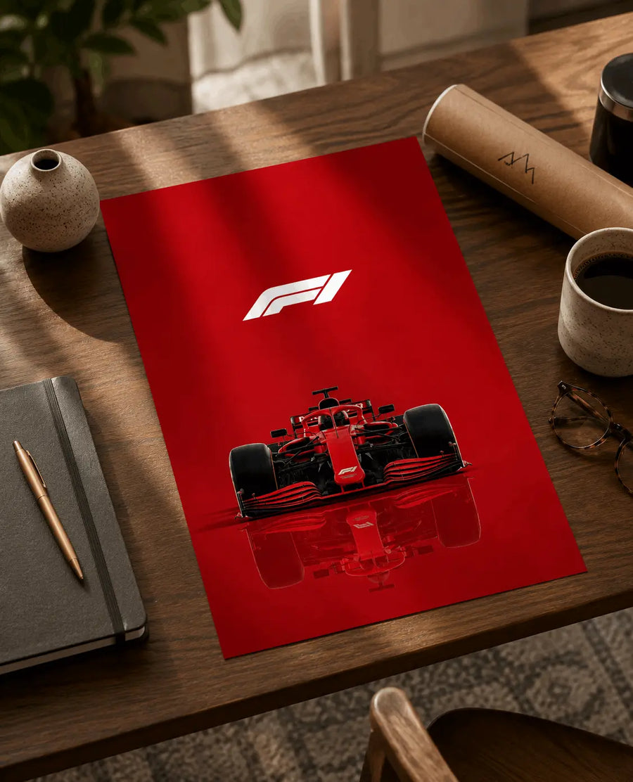 Angled Formula 1 poster print in red with white F1 logo and front-view race car