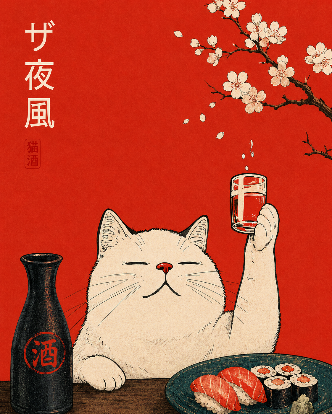 Japanese Cat Ramen Art Print featuring red, cream and black tones for colorful kitchen wall decor