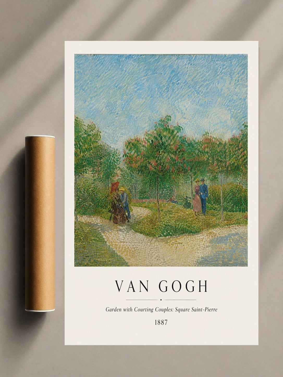 Landscape print with blue sky, green garden path, two courting figures, Van Gogh text