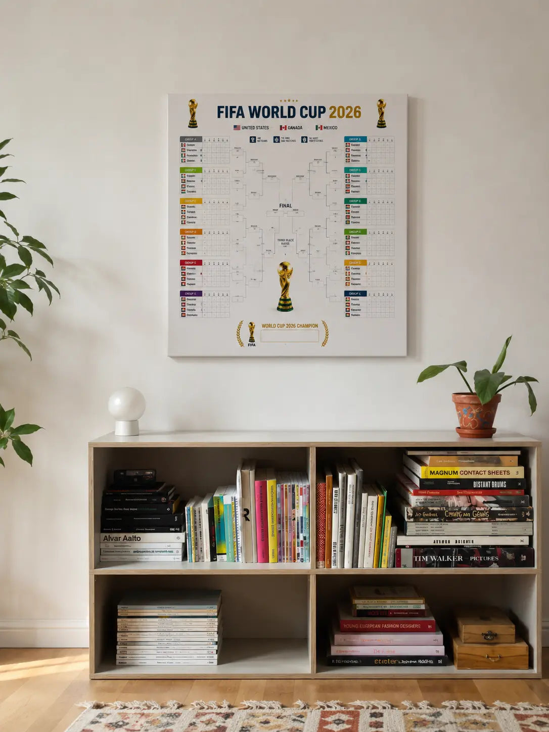 FIFA World Cup 2026 bracket poster framed on wall above a bookshelf