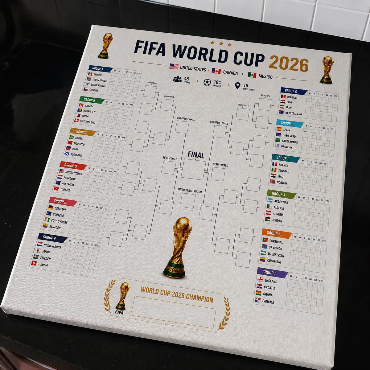 FIFA World Cup 2026 bracket poster, angled view, gold trophy statue at center