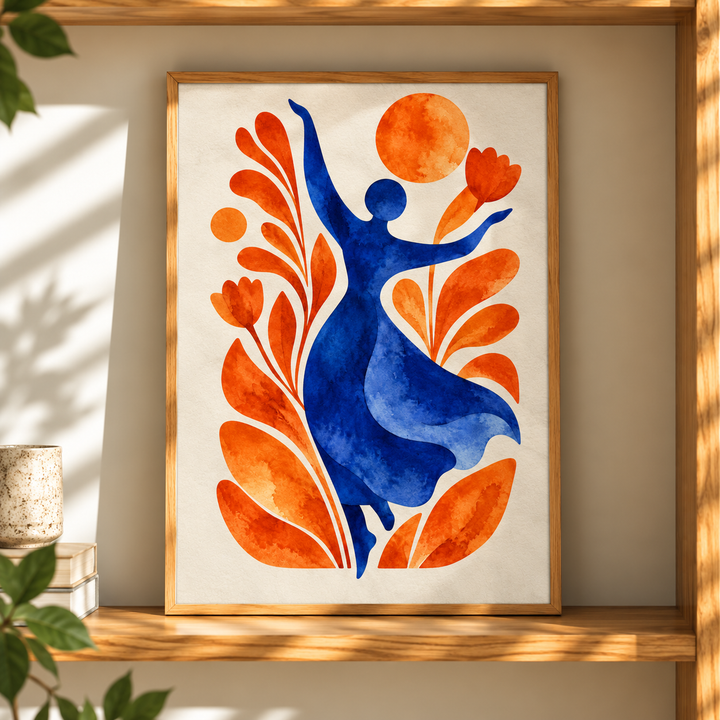 Botanical Woman Watercolor Print framed in natural oak, pairing expressive blue forms with fiery orange foliage