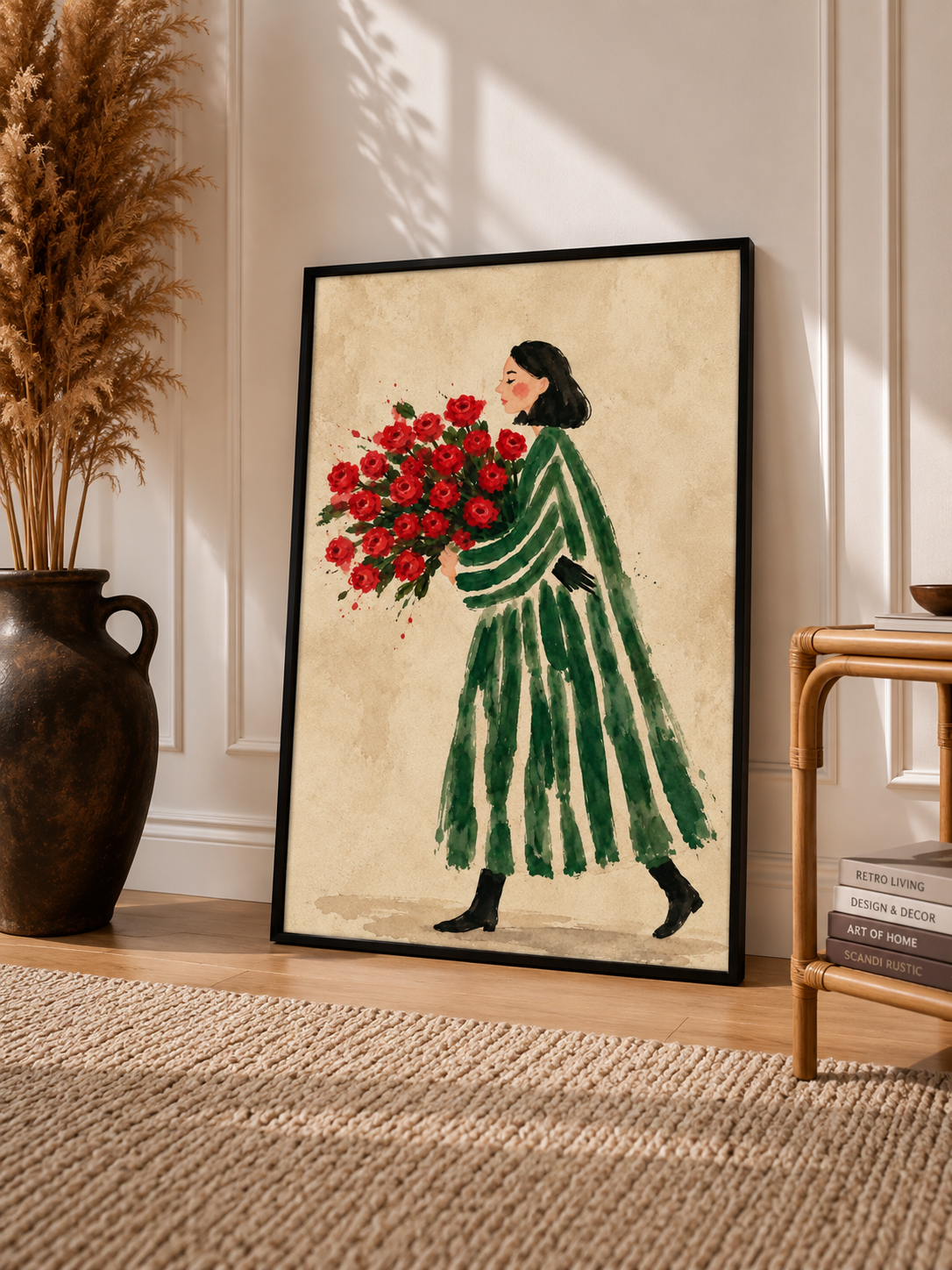 Flower Woman Watercolor Art Print displayed in a slim black frame in a warm neutral interior