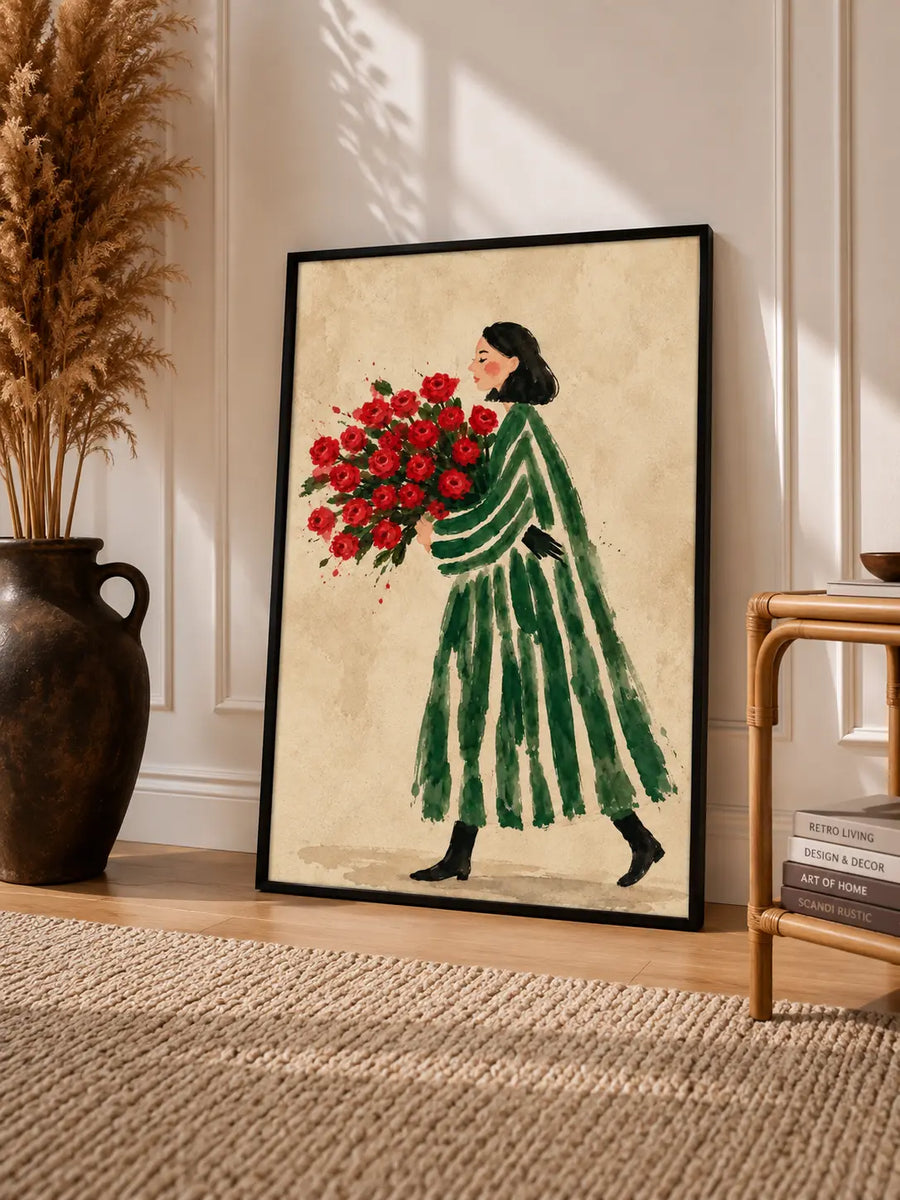 Flower Woman Watercolor Art Print displayed in a slim black frame in a warm neutral interior