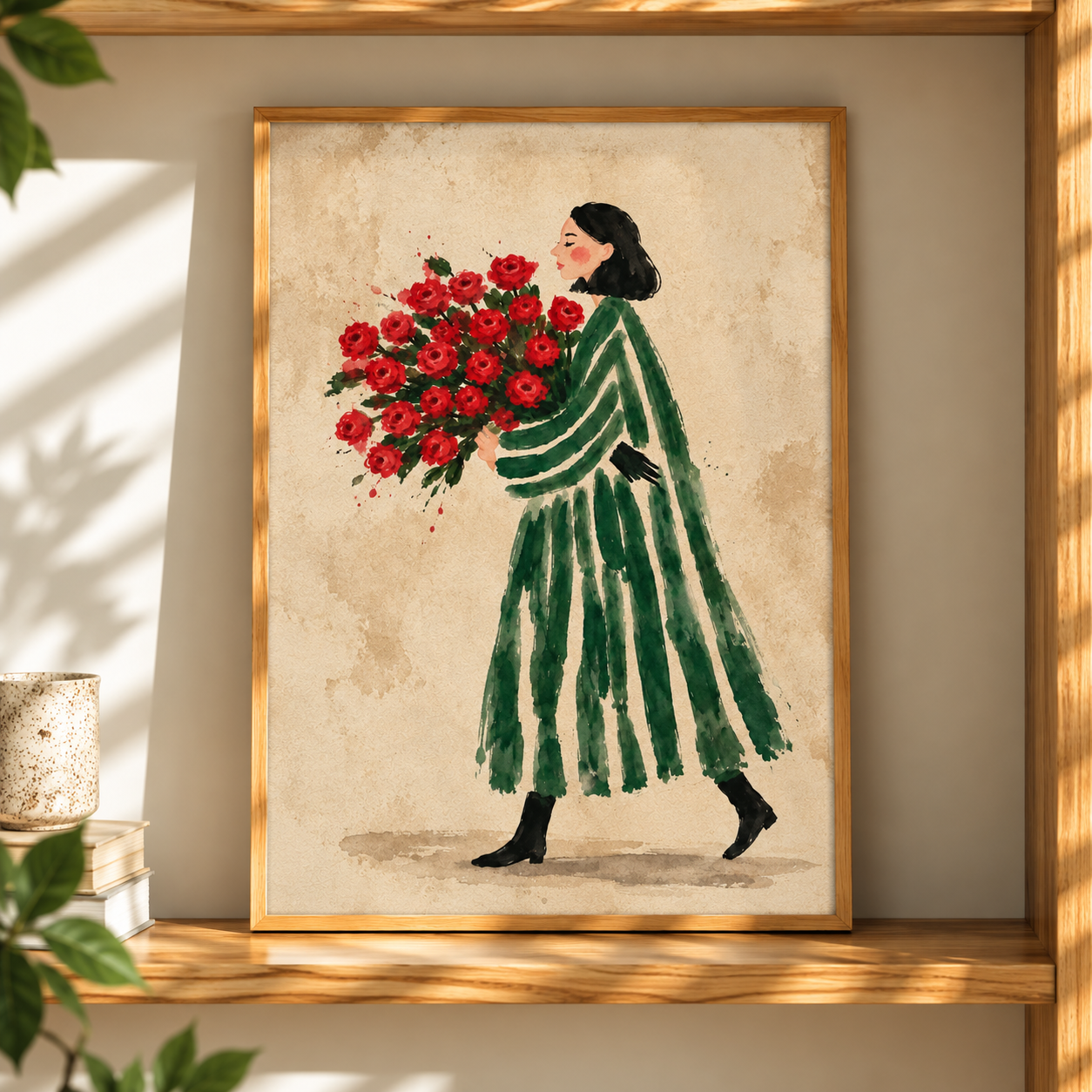 Flower Woman Watercolor Art Print presented in a natural oak frame with a flowing green dress and red flower bouquet