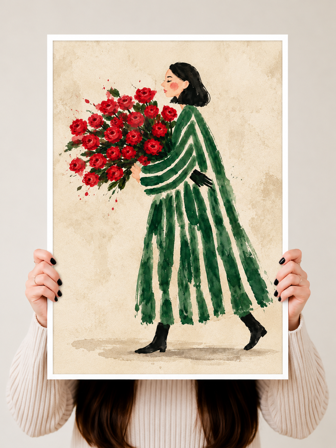 Flower Woman Watercolor Art Print held vertically by hand to show the full figurative floral composition