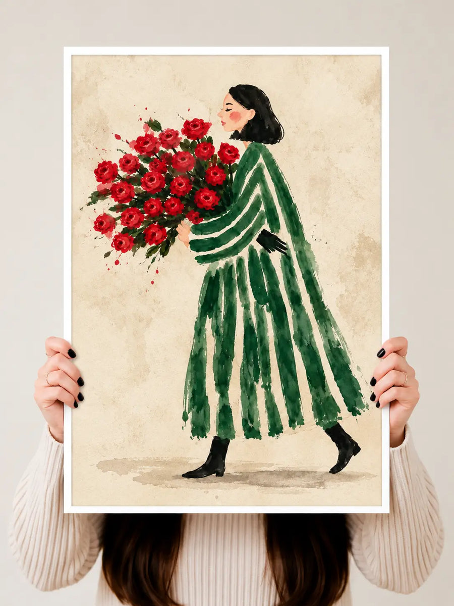 Flower Woman Watercolor Art Print held vertically by hand to show the full figurative floral composition