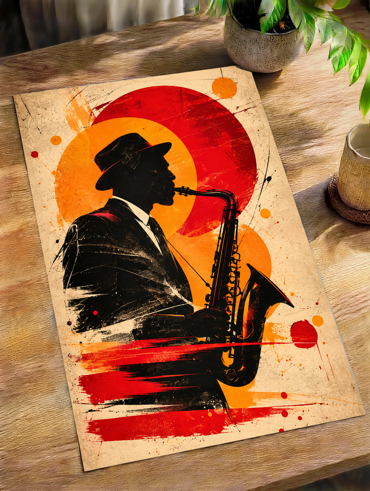 Abstract figure art poster displayed in a styled interior, combining a black human profile with saturated orange, red and textured painted forms.
