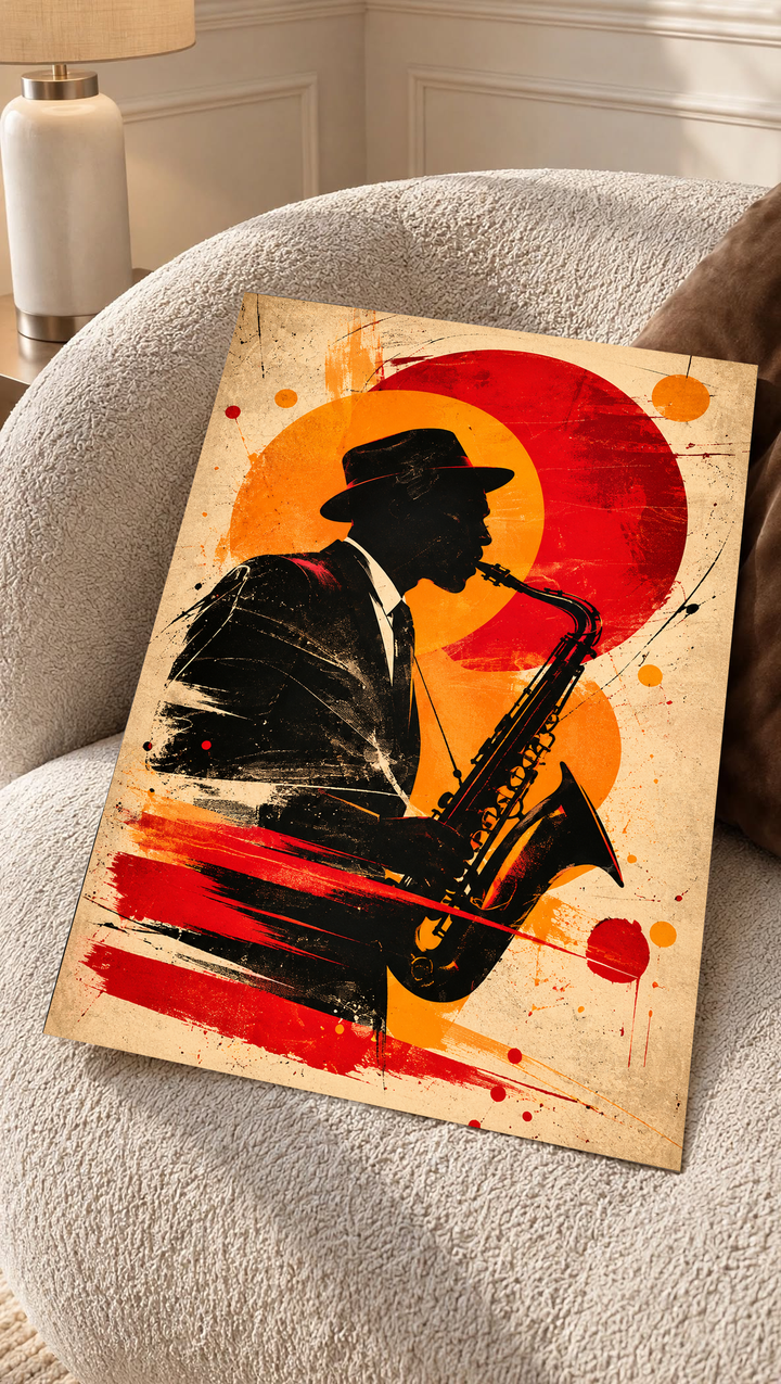 Bold figurative portrait poster featuring a dark silhouette layered with red, orange and black abstract brushwork in an expressive vertical composition.