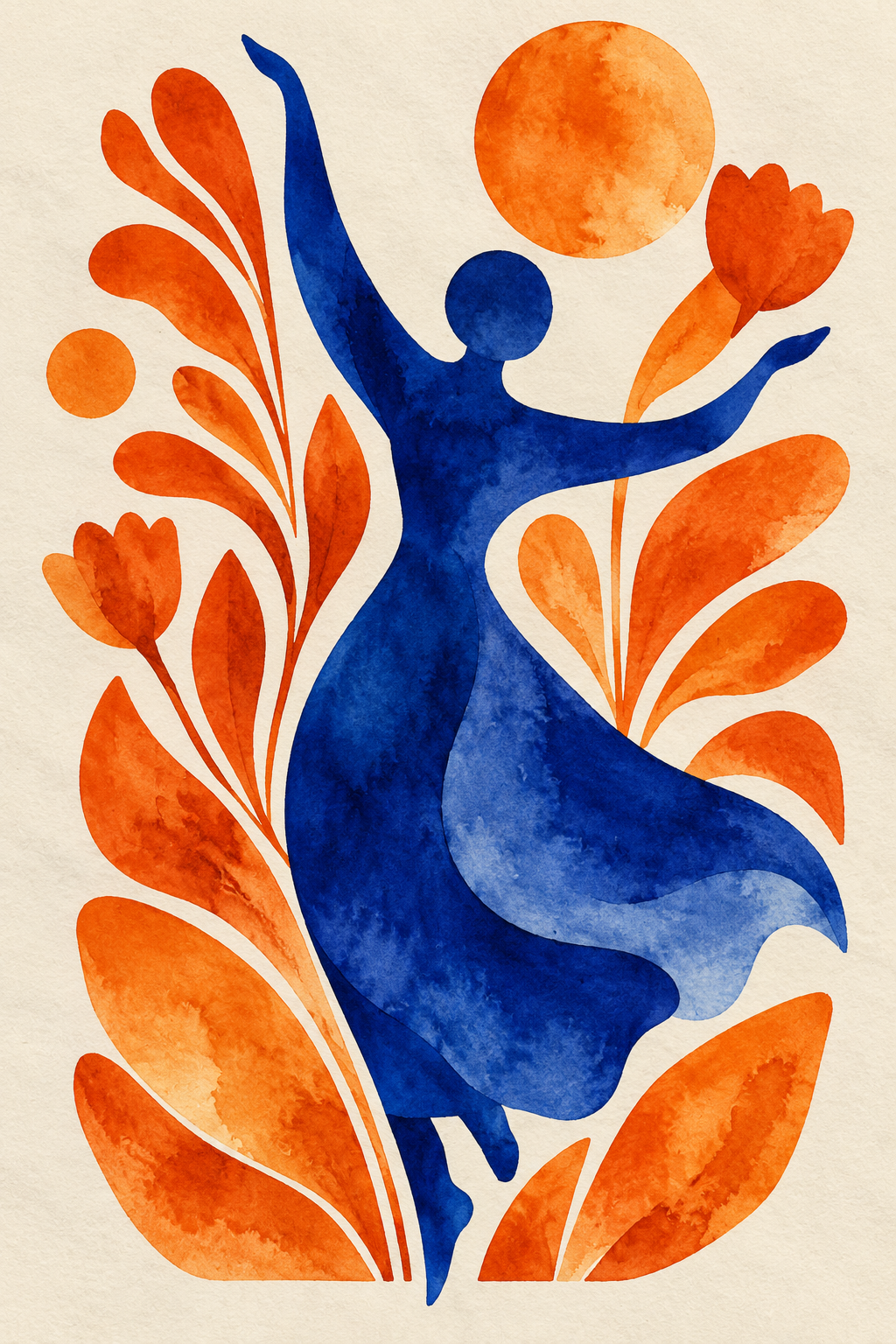 Botanical Woman Watercolor Print with cobalt blue curves, warm botanical shapes and a glowing orange sun