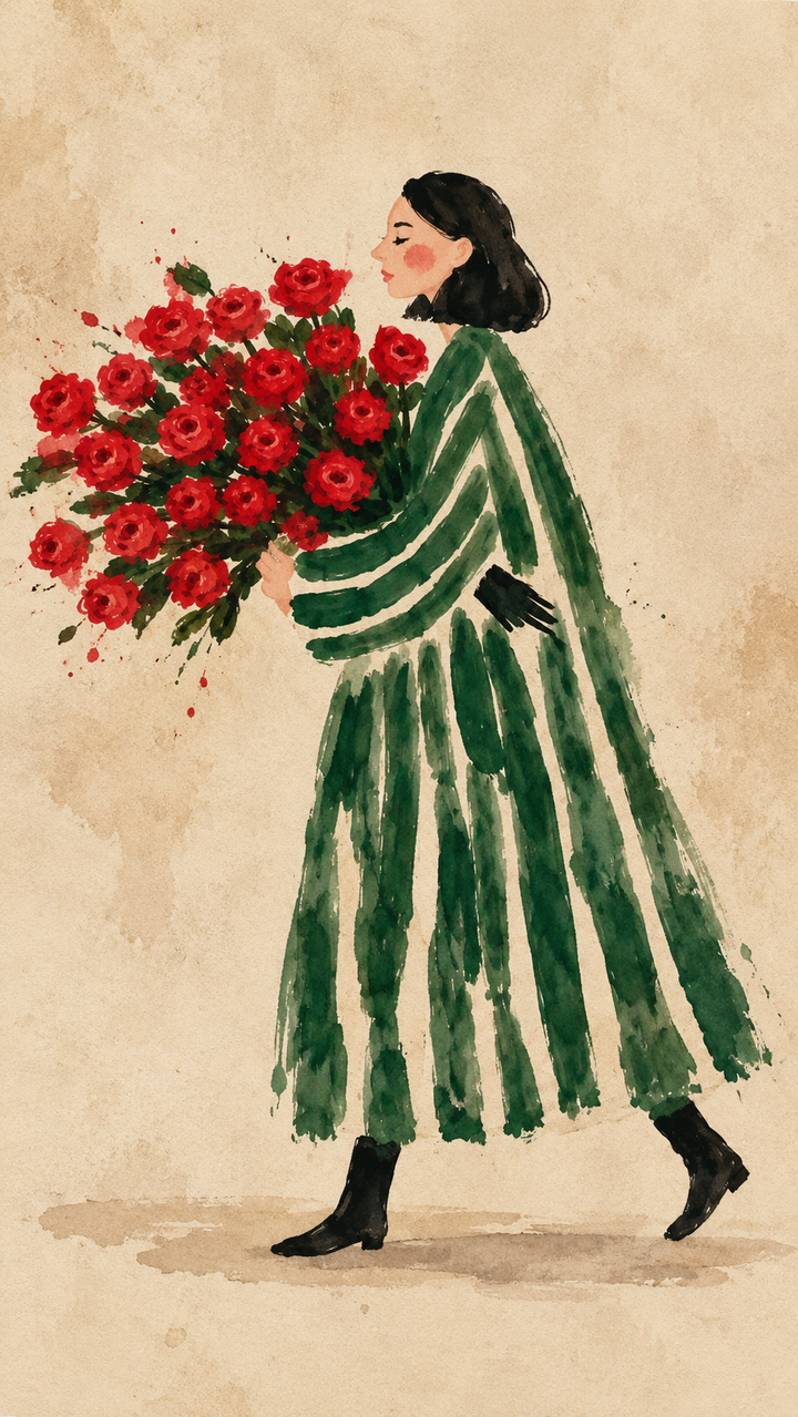 Flower Woman Watercolor Art Print shown as an unframed artwork with a graceful female figure carrying bright red flowers