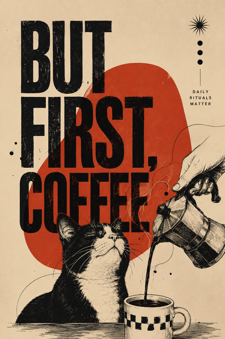 Unframed wall art poster close-up with 'But First Coffee' lettering, cat, and coffee jug