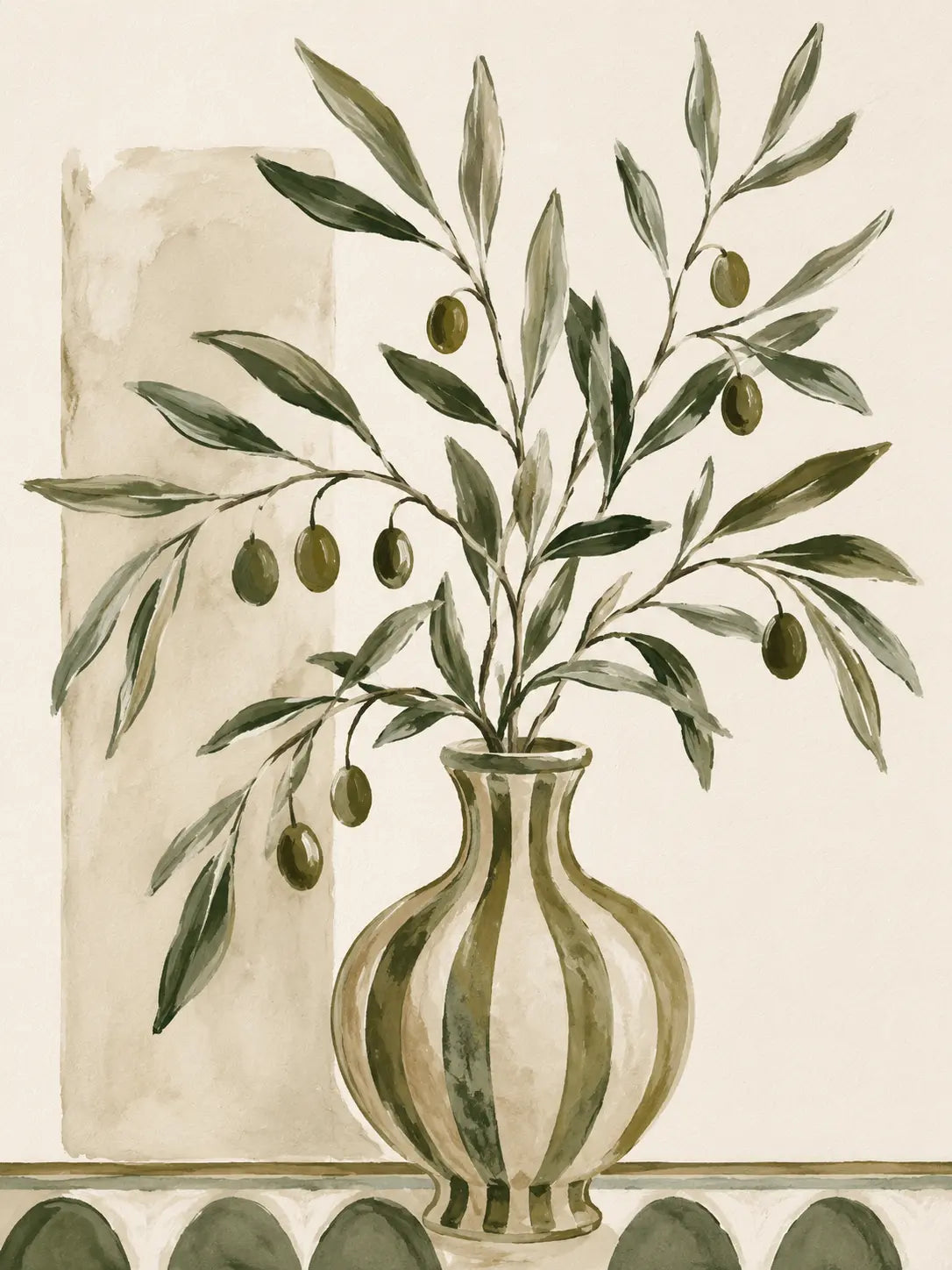 Olive tree botanical print featuring green leaves, olives, and a striped vase