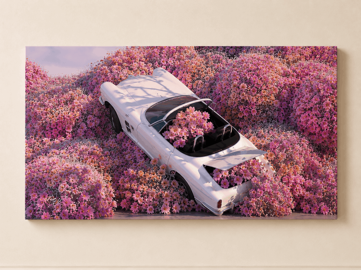 Framed floral wall art with light-blue car in dense pink flower landscape