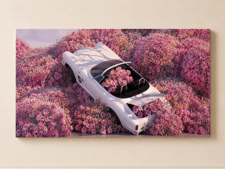 Framed floral wall art with light-blue car in dense pink flower landscape