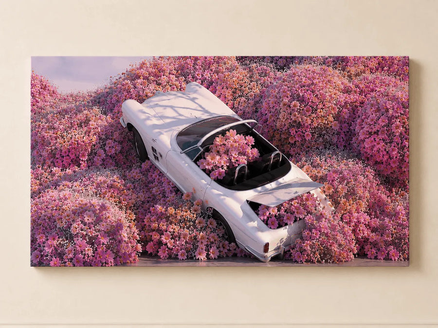 Framed floral wall art with light-blue car in dense pink flower landscape