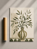 Olive tree botanical print with green leaves and olive branches in a vase