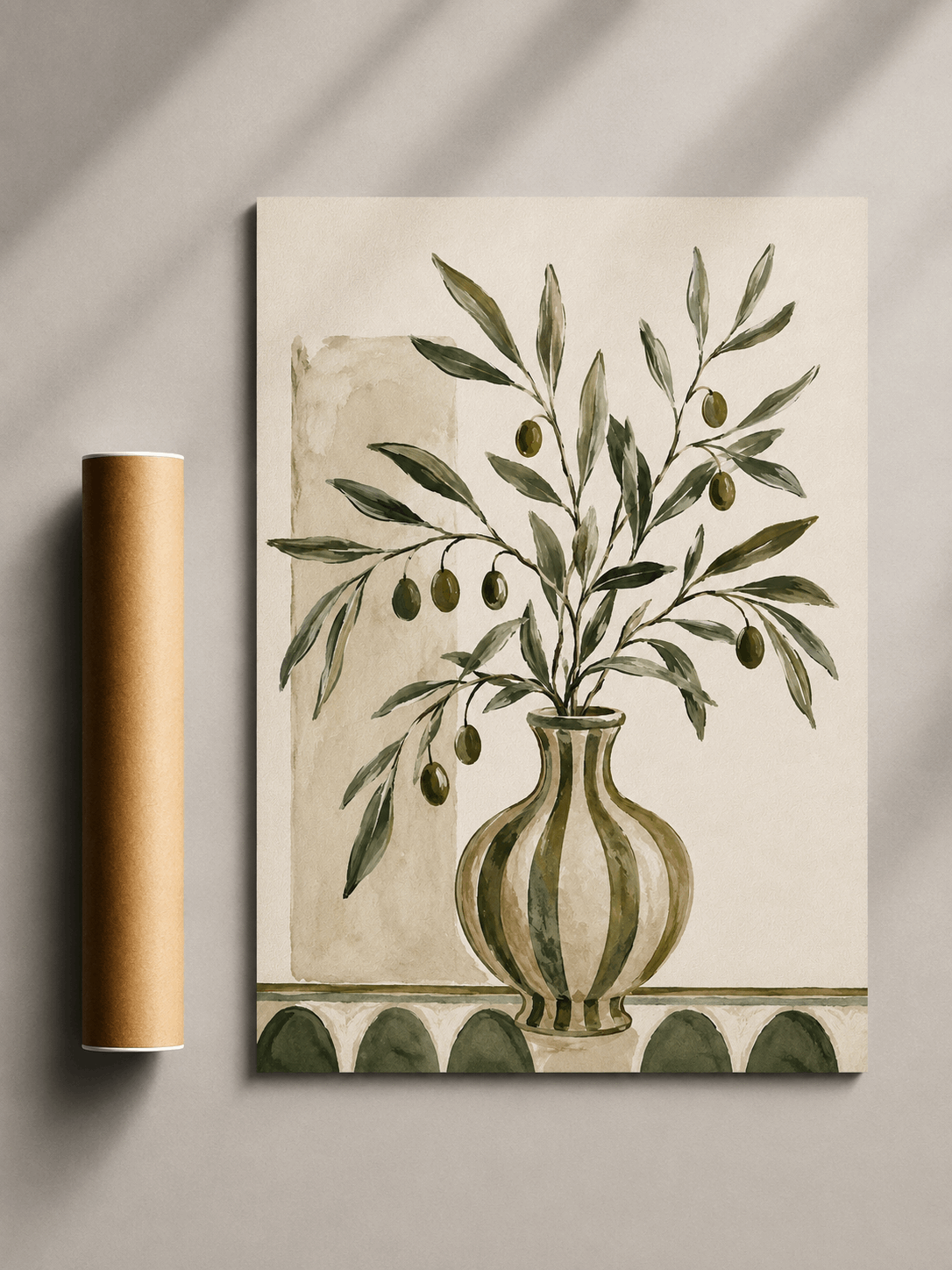 Olive tree botanical print with green leaves and olive branches in a vase