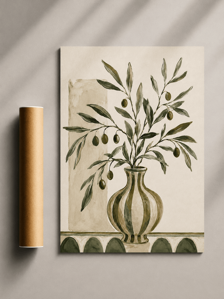Olive tree botanical print with green leaves and olive branches in a vase