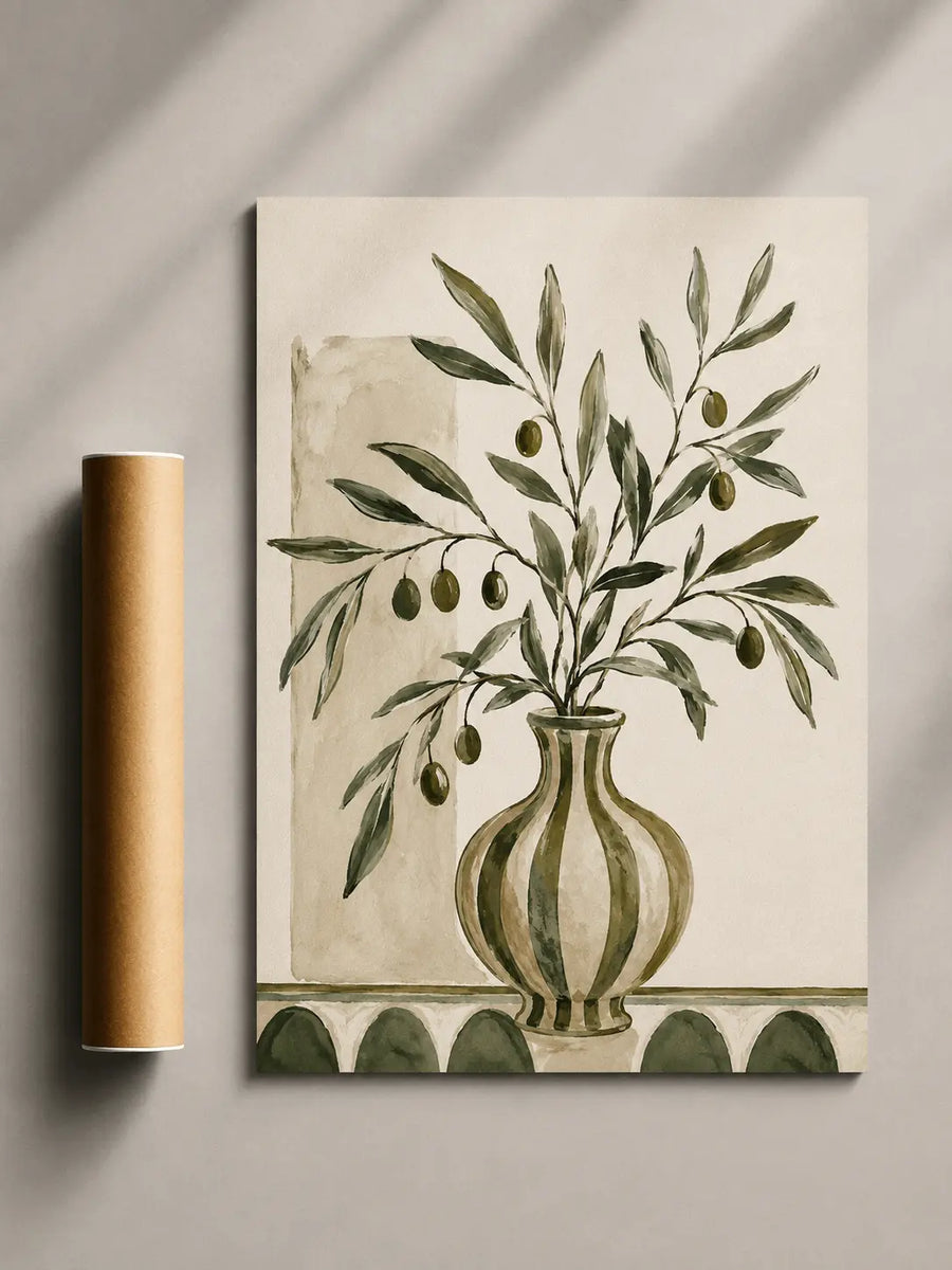 Olive tree botanical print with green leaves and olive branches in a vase